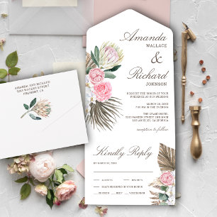 Rustikale Hochzeit von Boho Palm Blush Pink Protea All In One Einladung