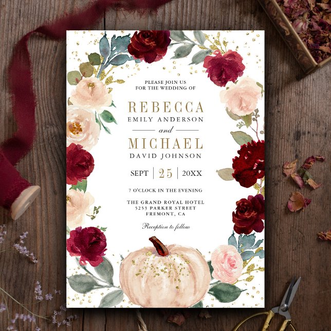 Rustikale Hochzeit von Burgund und Peach Floral Pu Einladung (Von Creator hochgeladen)