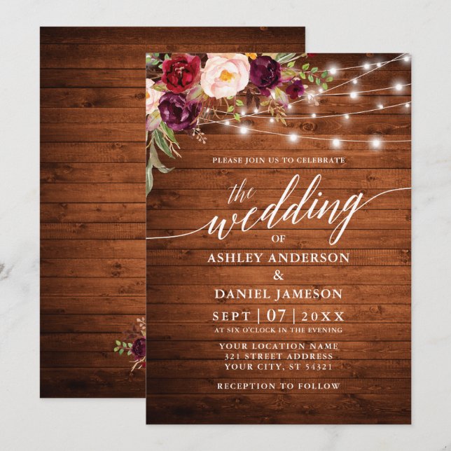 Rustikale Hochzeit von Burgundy Floral Lights Kall Einladung (Vorne/Hinten)