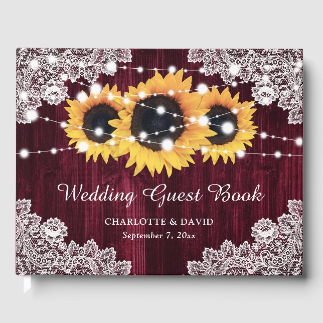 Rustikale Hochzeit von Burgundy Wood Lace Sunflowe Gästebuch (Vorderseite)