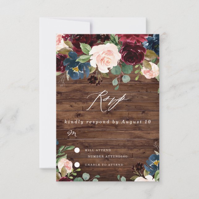 Rustikale Hochzeit von Deep Red Wine Burgundy Blus RSVP Karte (Vorderseite)