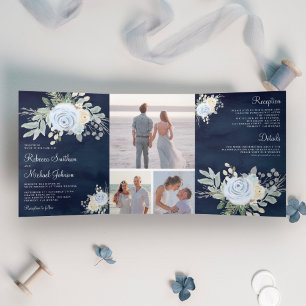 Rustikale Hochzeit von Dusty Blue und der Elfenbei Dreifach Gefaltete Einladung