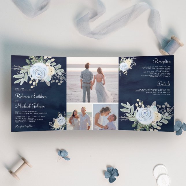 Rustikale Hochzeit von Dusty Blue und der Elfenbei Dreifach Gefaltete Einladung (Von Creator hochgeladen)