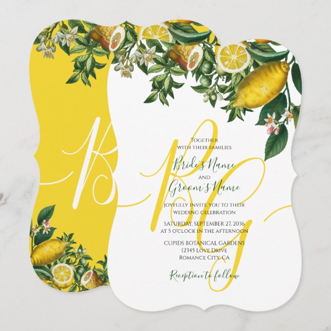Rustikale Hochzeit von Gelben Zitronen und Blätter Einladung (Vorne/Hinten)