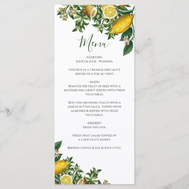 Rustikale Hochzeit von Gelben Zitronen und Blätter Menükarte (Vorderseite)