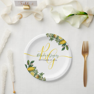 Rustikale Hochzeit von Gelben Zitronen und Blätter Pappteller