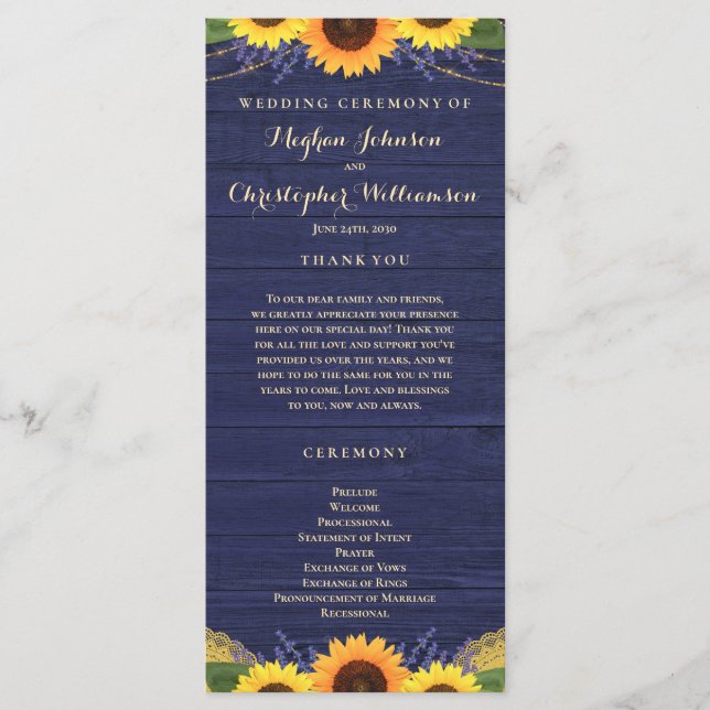 Rustikale Hochzeit von Holz Lights Lace Navy Sonne Programm (Vorderseite)