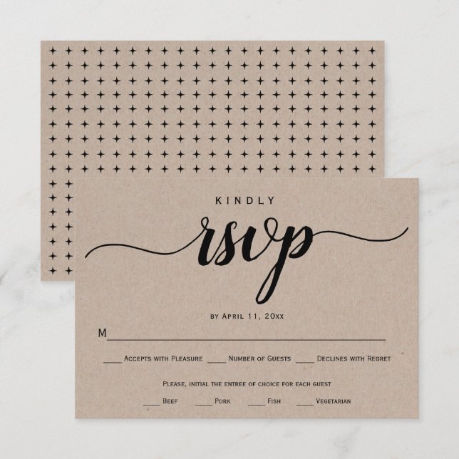 Rustikale Hochzeit von Kraftpapier mit Skriptkalli RSVP Karte (Vorne/Hinten)