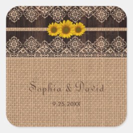 Rustikale Hochzeit von Lace Burlap Wood Quadratischer Aufkleber