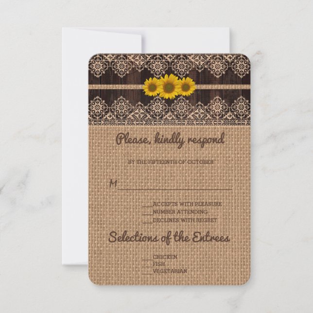 Rustikale Hochzeit von Lace Burlap Wood RSVP Karte (Vorderseite)
