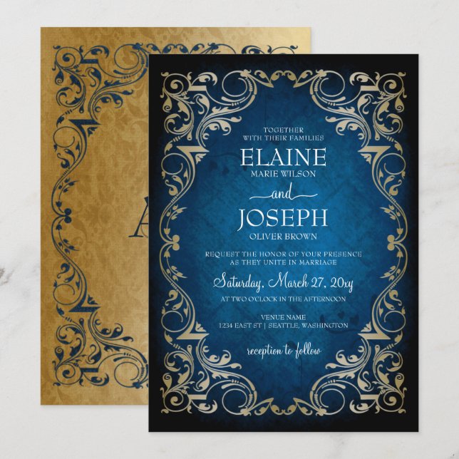 Rustikale Hochzeit von Marine und Gold Einladung (Vorne/Hinten)