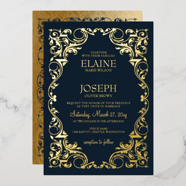 Rustikale Hochzeit von Marine und Gold Folieneinladung (Vorderseite/Rückseite)
