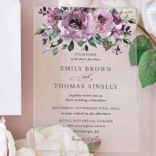 Rustikale Hochzeit von Mauve Plum Lila Blumengrün Acryleinladungen