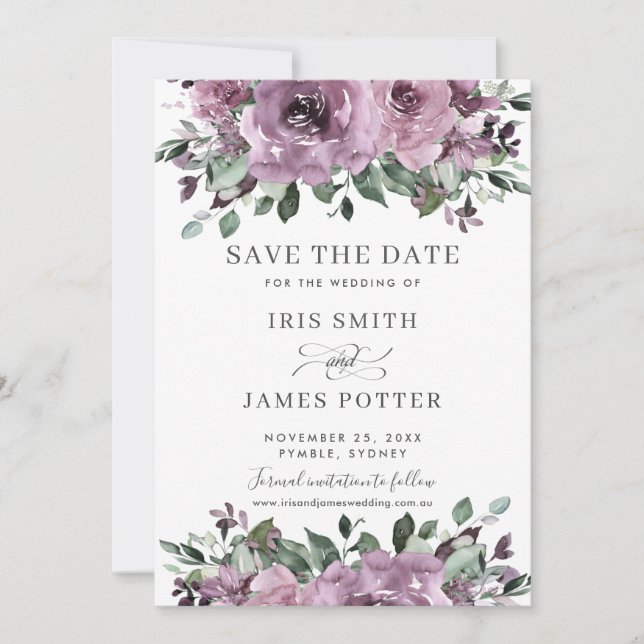 Rustikale Hochzeit von Mauve Plum Lila Blumengrün Save The Date (Vorderseite)