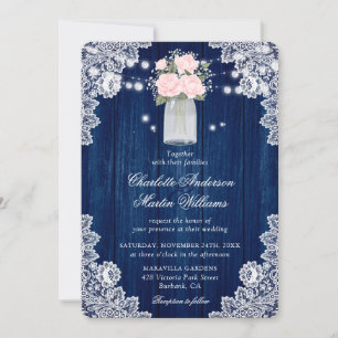 Rustikale Hochzeit von Navy Blue und Blush Wood La Einladung