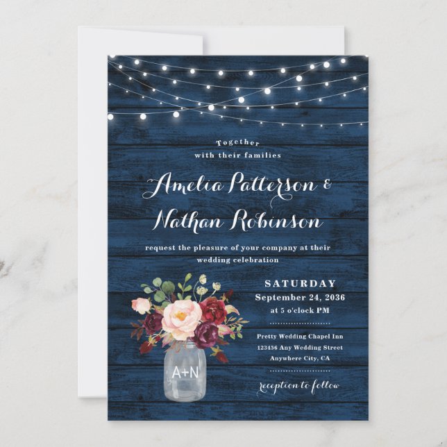 Rustikale Hochzeit von Navy Blue und Burgund Blush Einladung (Vorderseite)