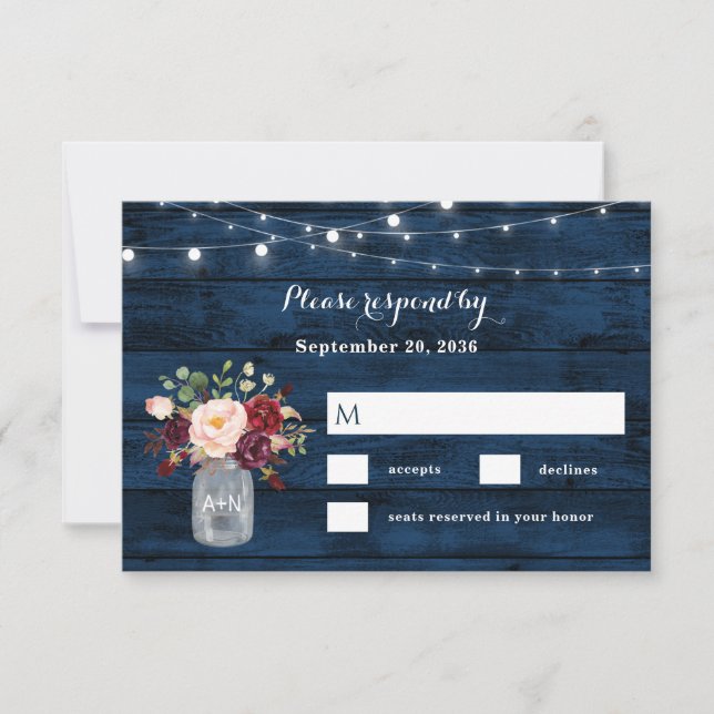 Rustikale Hochzeit von Navy Blue und Burgund Blush RSVP Karte (Vorderseite)