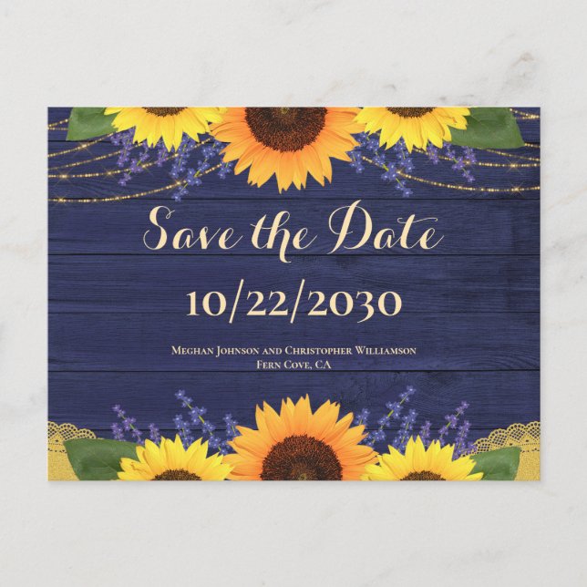 Rustikale Hochzeit von Navy-Holz-Sonnenblumen spei Postkarte (Vorderseite)