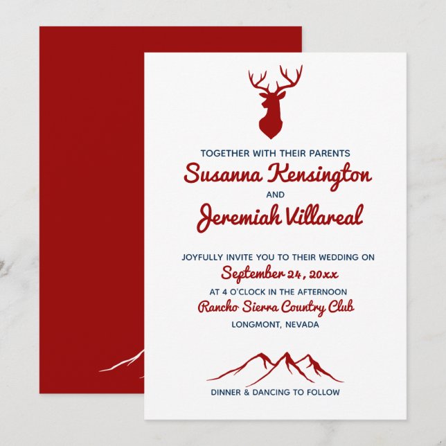 Rustikale Hochzeit von Red Blue Buck Deer Country  Einladung (Vorne/Hinten)