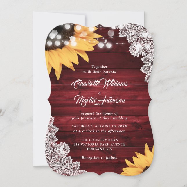 Rustikale Hochzeit von Rotem Holz und Sonnenblumen Einladung (Vorderseite)