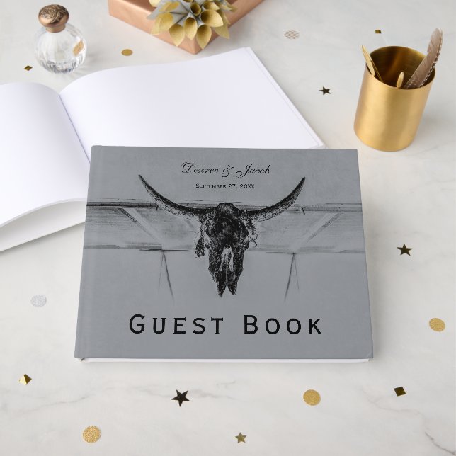 Rustikale Hochzeit von Rustikal-Grey-Black-Western Gästebuch (Vorderseite Offen)