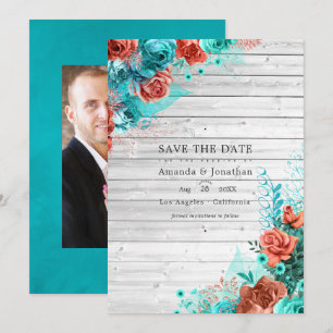 Rustikale Hochzeit von Türkis und Korallen Save The Date