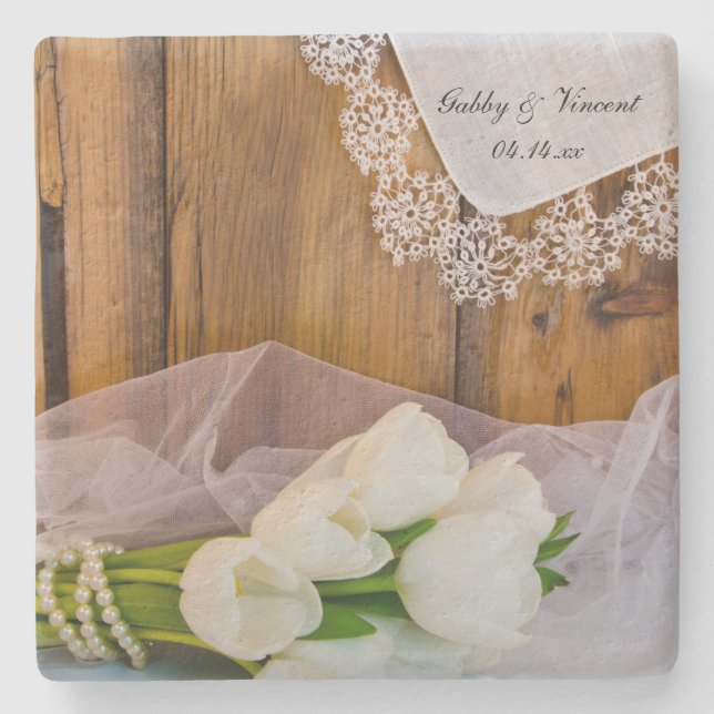 Rustikale Hochzeit von Weißer Tulips Steinuntersetzer (Vorderseite)