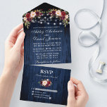 Rustikale Hochzeiten bläulich blauer Holzleuchten All In One Einladung<br><div class="desc">Rustikale Hochzeit,  Watercolor Burgundy Floral,  Blaues Holz und Streichellichter Hochzeit All In One Einladung mit RSVP Card beinhaltet bordeauxrote Rose,  rosa Rosen,  rote Rosen und botanische Vegetation.</div>