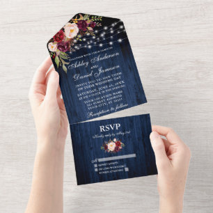 Rustikale Hochzeiten bläulich blauer Holzleuchten All In One Einladung