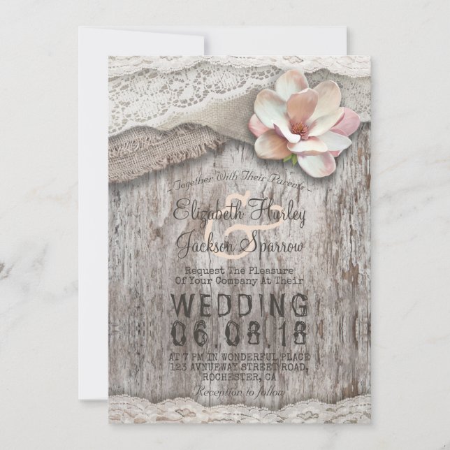 Rustikale Hochzeiten von Holz Burlap Lace Floral C Einladung (Vorderseite)