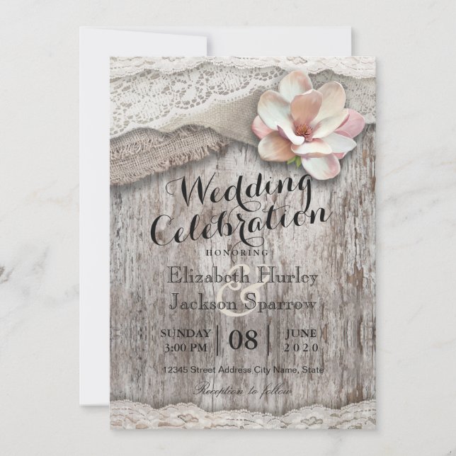 Rustikale Hochzeiten von Holz Burlap Lace Floral C Einladung (Vorderseite)