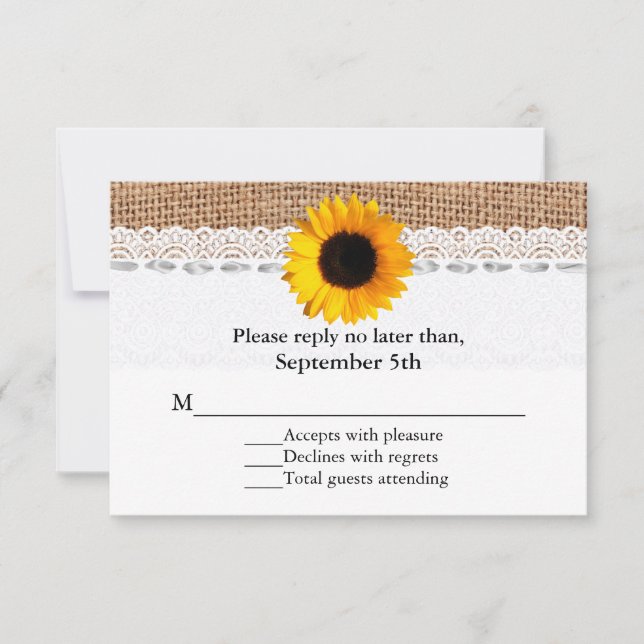 Rustikale Hochzeitkarte für Burlap und Sonnenblume RSVP Karte (Vorderseite)