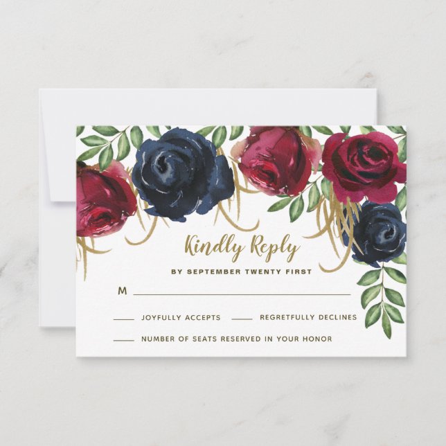 Rustikale Hochzeitkarten für Burgund und Navy Blue RSVP Karte (Vorderseite)