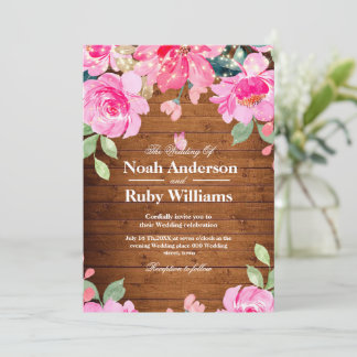 Rustikale Hochzeits-Holzschnurlichter Rosa Floral Einladung