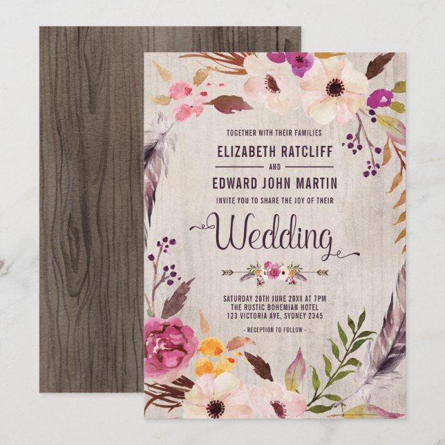 Rustikale Hochzeitseinladung Boho Floral Wood Einl Einladung (Vorne/Hinten)