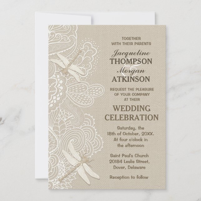 Rustikale Hochzeitseinladung in Burlap und Lace Einladung (Vorderseite)