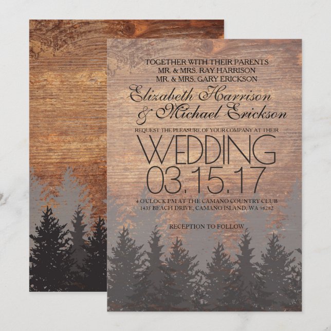 Rustikale Hochzeitseinladung Pine Tree Einladung (Vorne/Hinten)