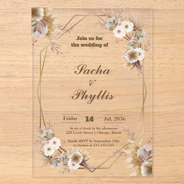 Rustikale Hochzeitseinladungen mit Blumenfasern Acryleinladungen (Vorderseite)