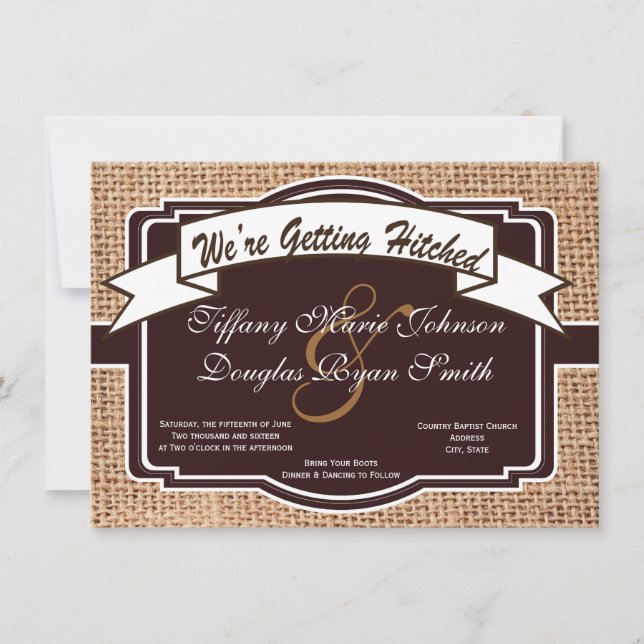 Rustikale Hochzeitseinladungen mit Hitched Burlap  Einladung (Vorderseite)