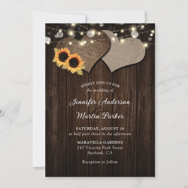 Rustikale Hochzeitseinladungen mit Holzsonnenblume Einladung (Vorderseite)