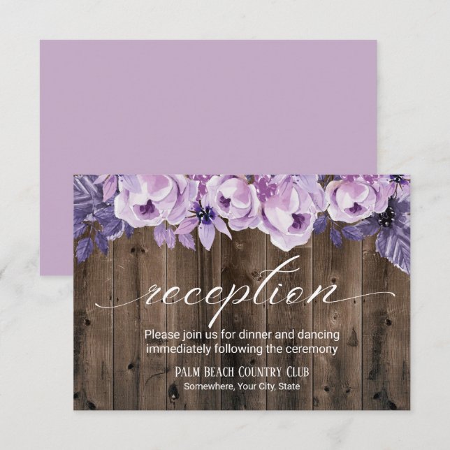 Rustikale Hochzeitsempfehlung für Lila Blumenställ Einladung (Vorne/Hinten)