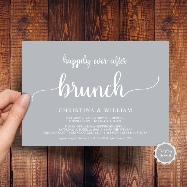 Rustikale Hochzeitsfeier glücklich immer nach dem  Einladung (Rustic Wedding Elopement Happily Ever After Brunch Invitation Card, PDF, in Chill Grey)