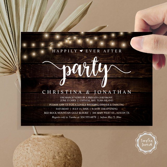 Rustikale Hochzeitsfeier, glücklicherweise immer n Einladung (Rustic Wedding Elopement, Happily Ever After Party Invitation card, pdf, in cottage dark wood)