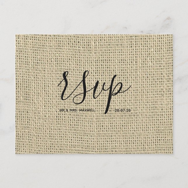Rustikale Hochzeitskarte | Hessischer Burlap Scrip Einladungspostkarte (Vorderseite)