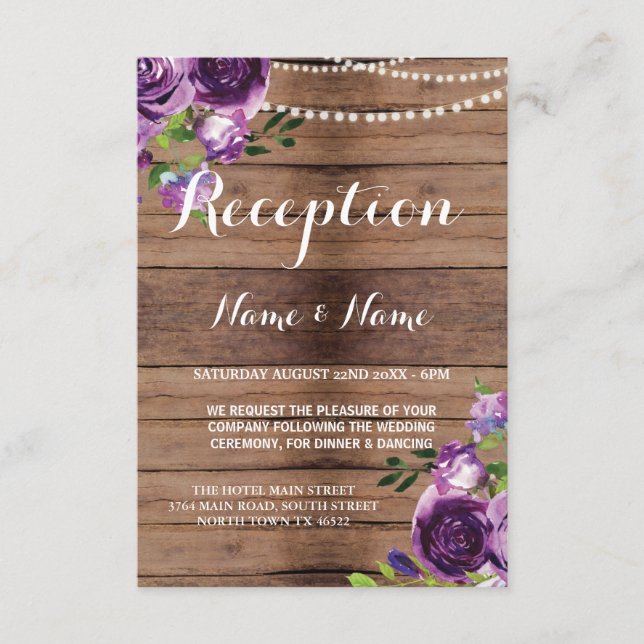 Rustikale Hochzeitskarten für Lila Blume aus Holz Begleitkarte (Vorderseite)
