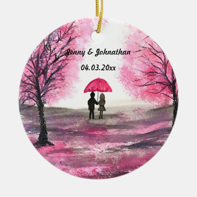 Rustikale Hochzeitskoppel Liebe Kirschblüten Keramik Ornament (Vorne)