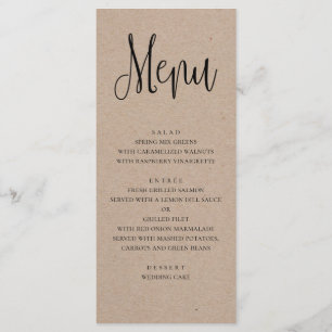 Rustikale Hochzeitsmenükarte. Moderne Kraft-Dinner Menükarte