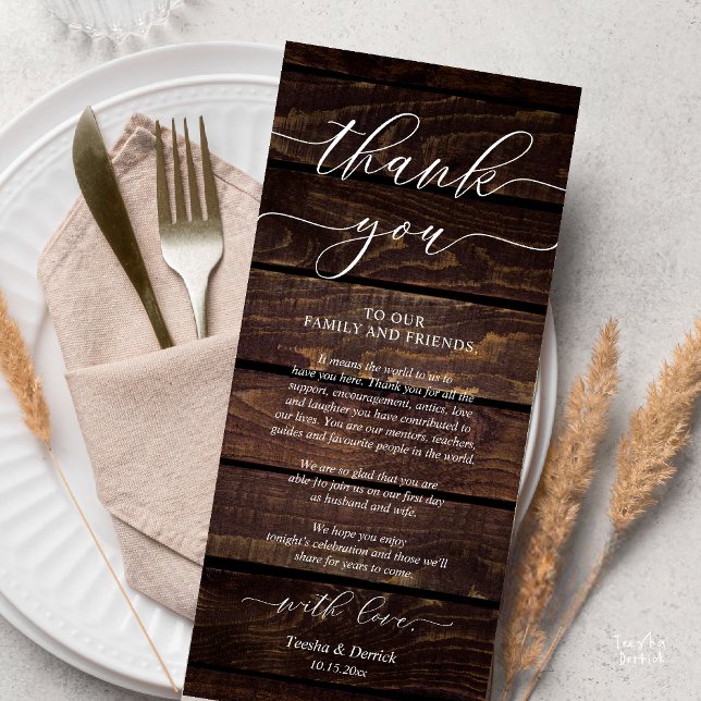 Rustikale Hochzeitsnacht - Einstellung dank Karte (Rustic Wedding Dinner Place Setting Thank You Card Reception in Cottage Brown Wood)