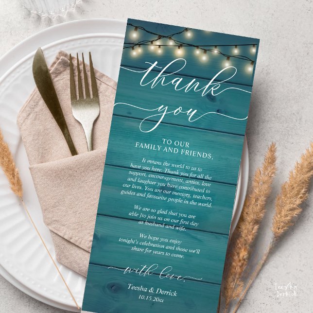 Rustikale Hochzeitsnacht - Einstellung dank Karte (Rustic Wedding Dinner Place Setting Thank You Card Reception in Cottage Teal String Lights)
