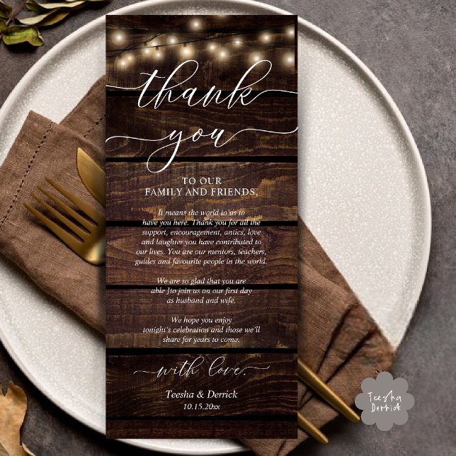 Rustikale Hochzeitsnacht - Einstellung dank Karte (Rustic Wedding Dinner Place Setting Thank You Card Reception in Cottage Brown Wood String Lights)